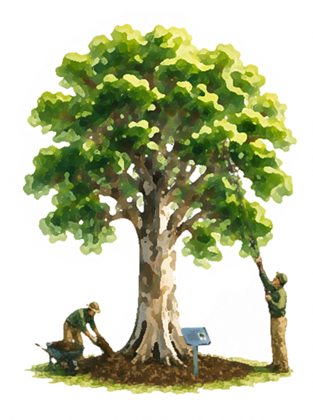 watercolour image of two workers pruning and mulching a large tree